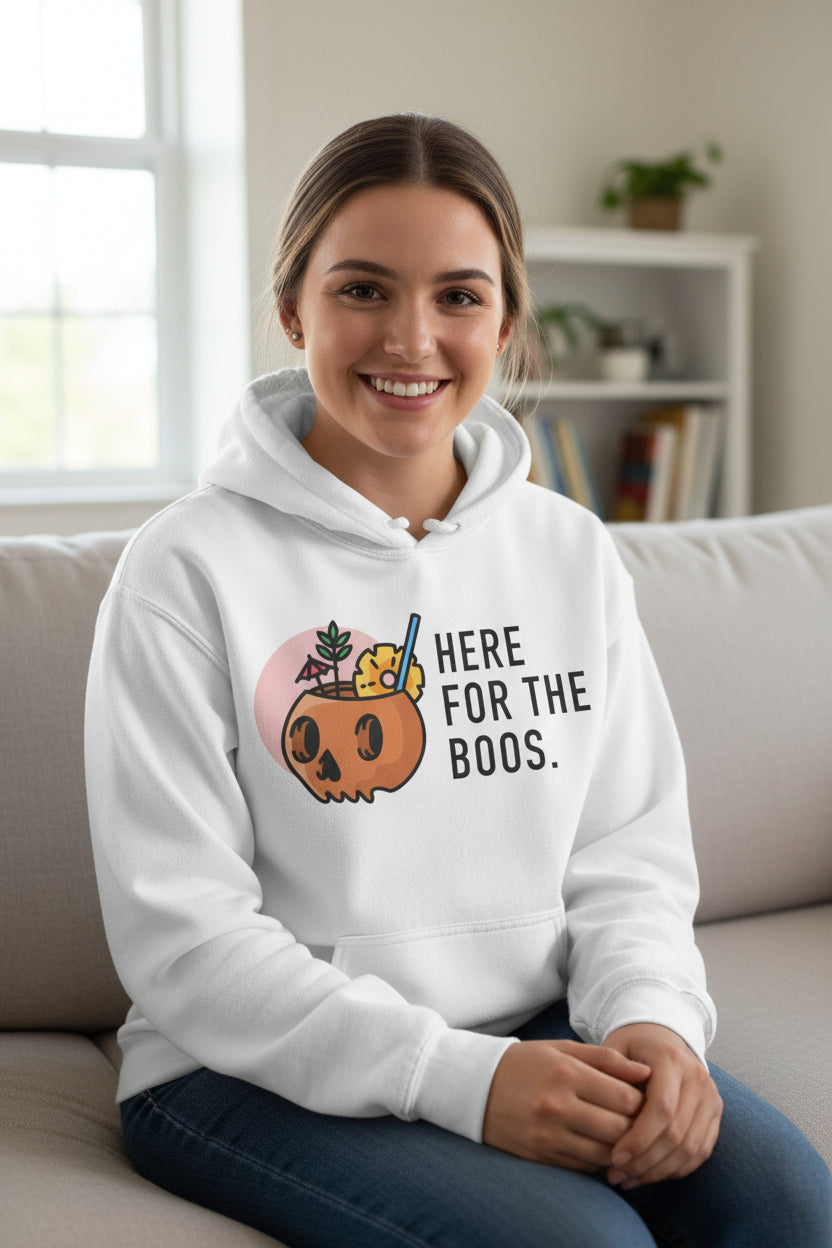 Halloween Hoodie — “Here for the Boos” Pumpkin & “Hey Boo” Cozy Graphic Hooded Sweatshirt