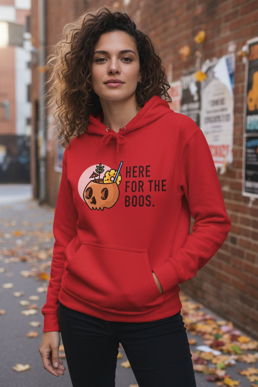 Halloween Hoodie — “Here for the Boos” Pumpkin & “Hey Boo” Cozy Graphic Hooded Sweatshirt